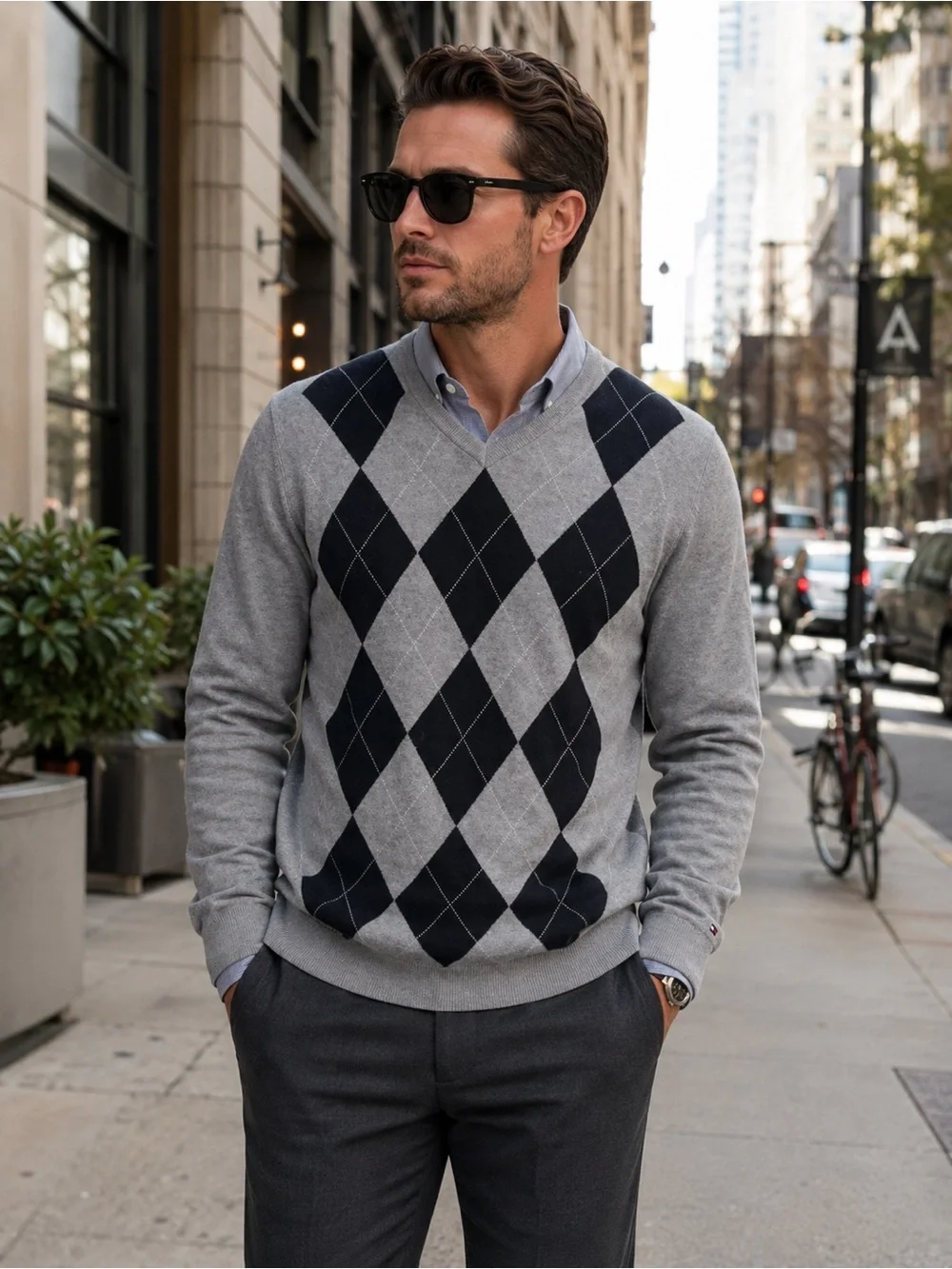 Tommy Hilfiger Classic Argyle V-Neck Sweater  | Large - EUC